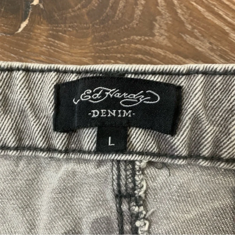Ed Hardy grey wash Cross denim printed mini skirt L NWT